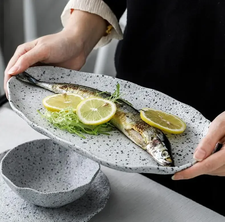 Granite Imitation Granite Tableware Creative Ruffled Ceramic Irregular Tableware Hotel Special-shaped Plates Family Dishes Set