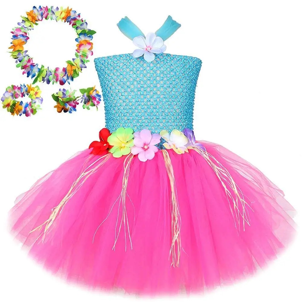 Flowers Hawaii Grass Costumes for Girls Hula Party Ballet Tutus Dresses for Kids Luau Dance Princess Outfit with Garland Ring view 2