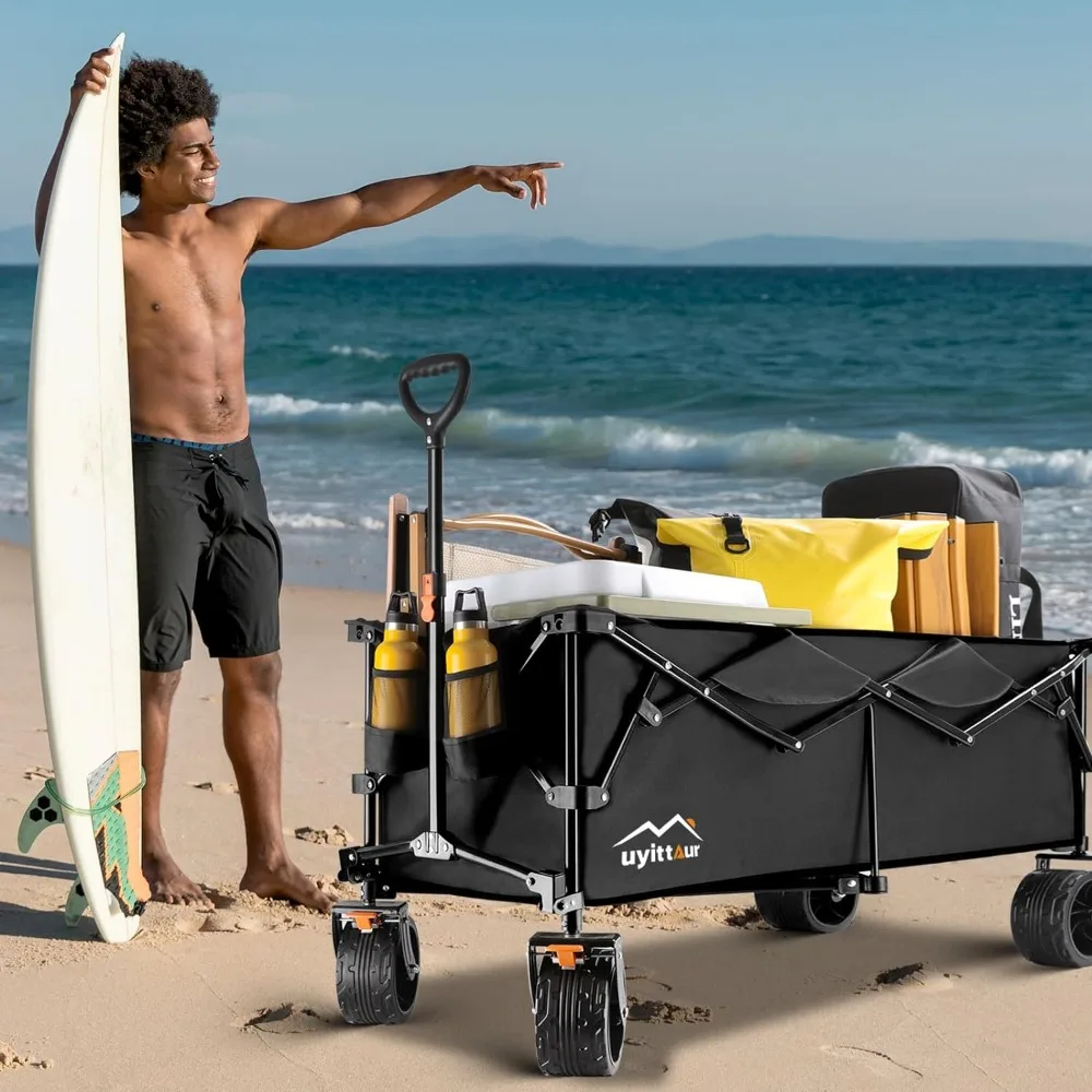 Large Collapsible Extended Wagon Cart 300L, 440lbs Weight Capacity Heavy Duty Foldable Wagon with Big All-Terrain Beach Wheels