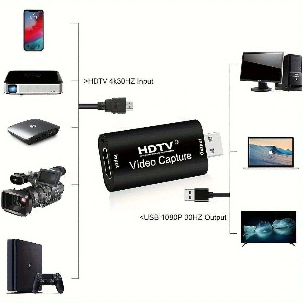 Cartão de captura de vídeo HD para jogo ao vivo, gravador de vídeo, 4K, USB 3.0, compatível, 1080P, 60fps