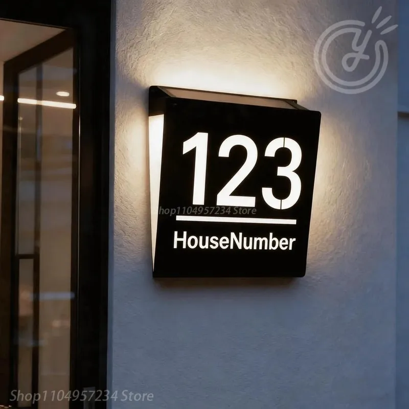 Solar LED House Number Sign Custom, Modern Lighted Address Plaque Waterproof Outdoor Home Wall Illuminated Address Marker