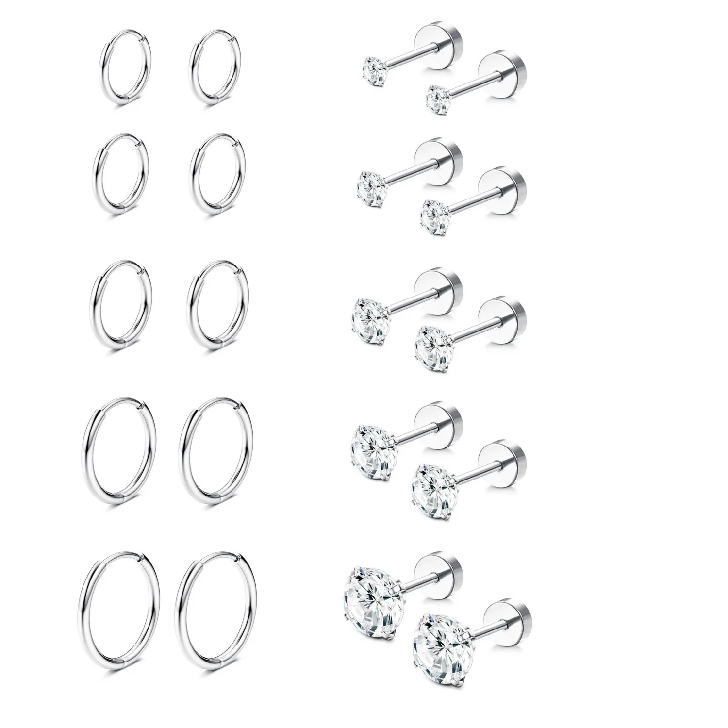 10 Pairs Earrings Sets for Multiple Piercing 14K Gold Plated Small Huggie Hoop Earrings for Women Tiny Ball CZ Flat Back Stud