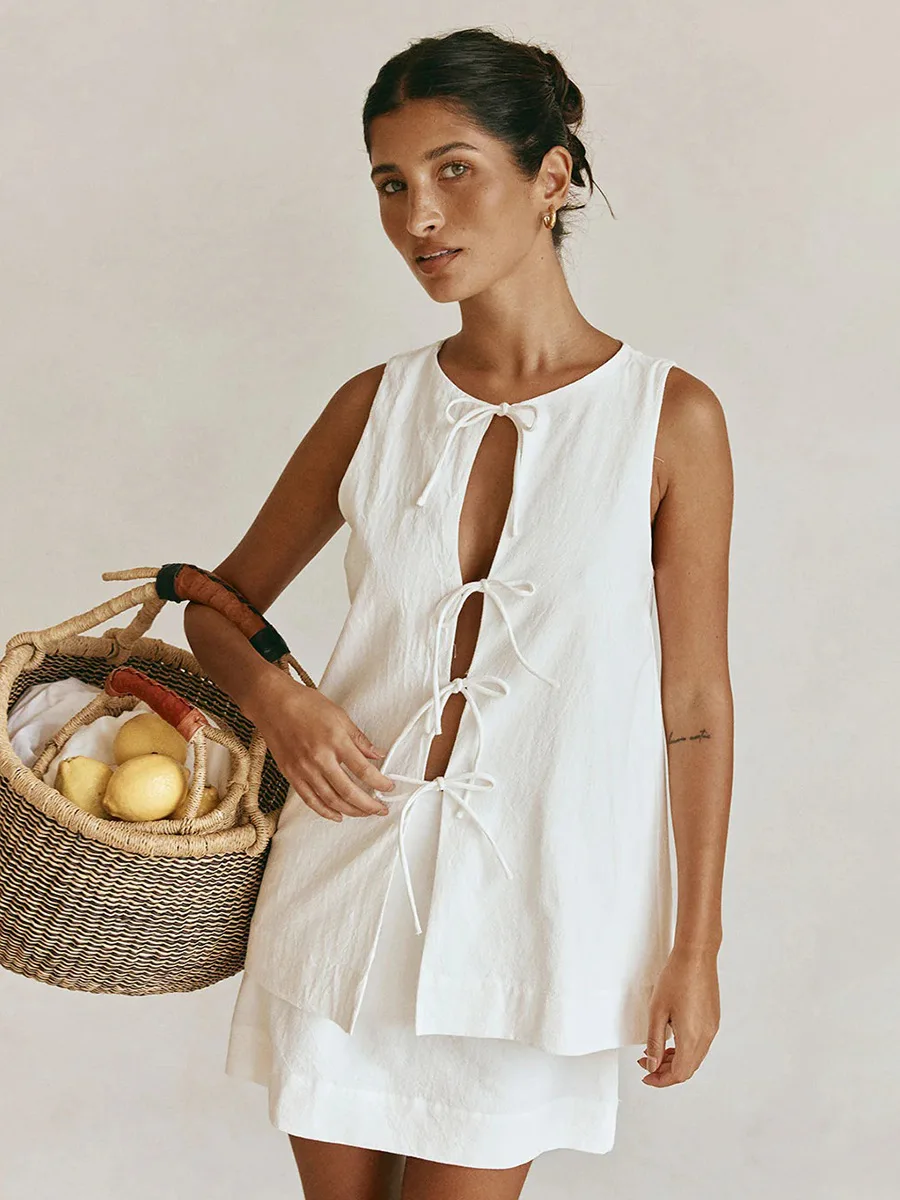 

Bornladies 2026, новый летний топ без рукавов, мини-юбка, комплект женской юбки с круглым вырезом и открытой передней завязкой, юбка трапециевидной формы, наряд из двух предметов