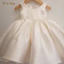 Baby Girl Princess Satin Dress Pearl Waist Infant Toddler Teen Vintage Vestido Party Pageant Birthday Frocks Clothes 1-14Y