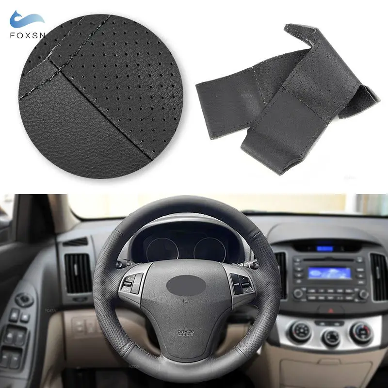 Car Interior Steering Wheel Cover Trim Black Line Perforated Leather with Needles Threads For Hyundai Elantra 2008 2009 2010