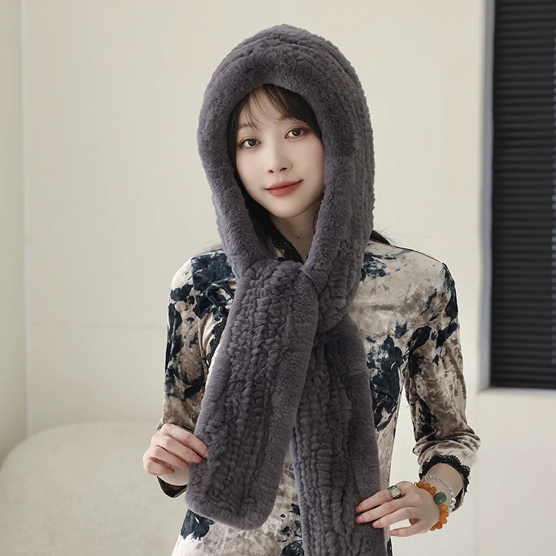 Besfilin Real Rex Rabbit Fur Woven Hat Scarf Integrated for Women,  Keep Warm Ear Protection, Windproof Outdoor, Autumn Winter