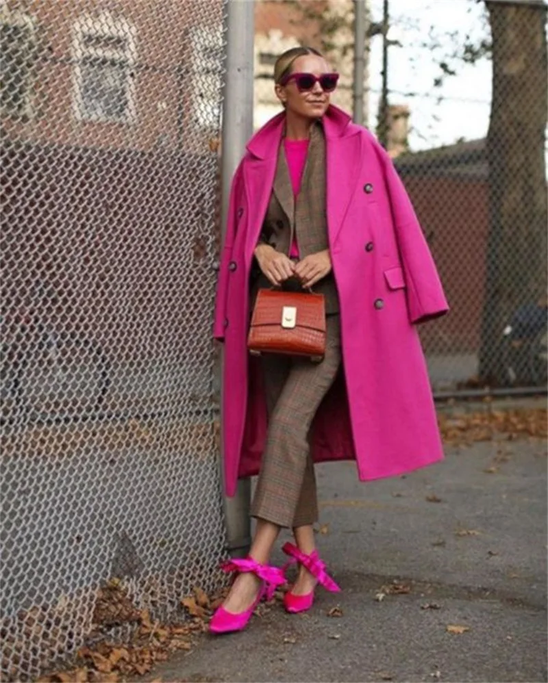 Hot Pink abiti da donna Blazer lana lungo soprabito formale inverno spesso Cashmere doppio petto giacca su misura Trench