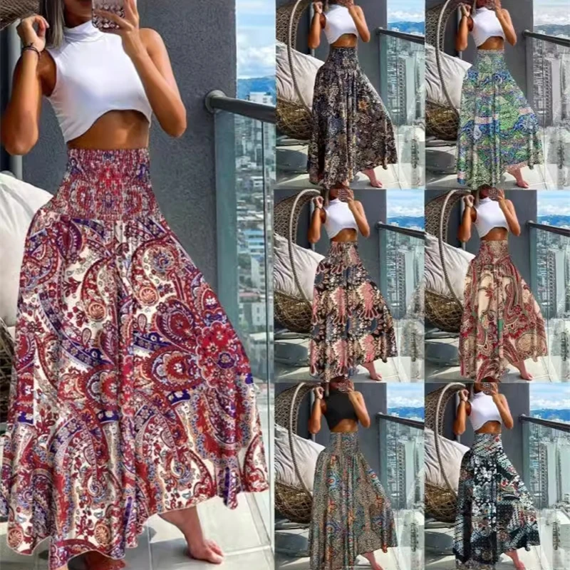 

Summer Women High Waist Slim Fit Floral Print A-Line Skirt Casual Party Beach Dress Elastic Waistband Ladies Skirts With Pockets