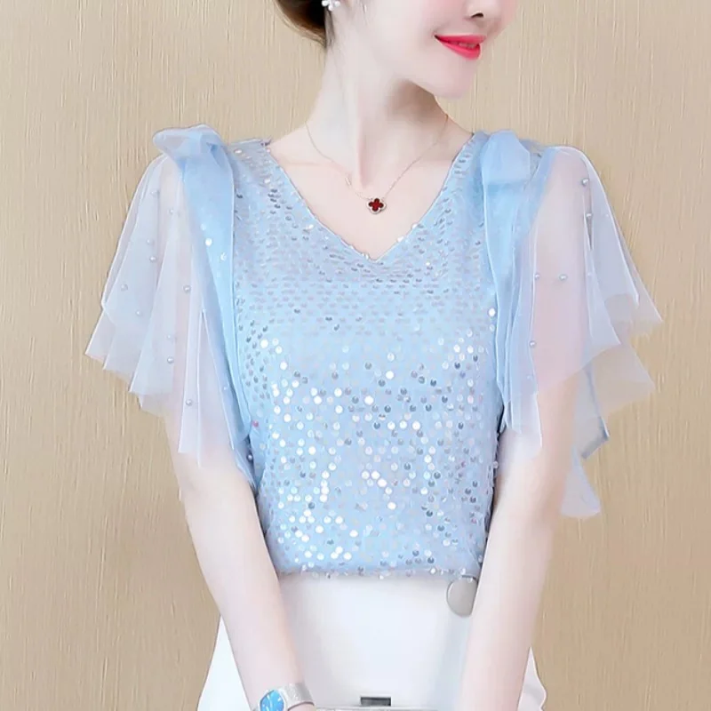 

New Summer V Neck Mesh Shirt Women Sweet Bow Beading Sequin Blouse Ladies Butterfly Short Sleeve Blouses Bottoming Short Tops