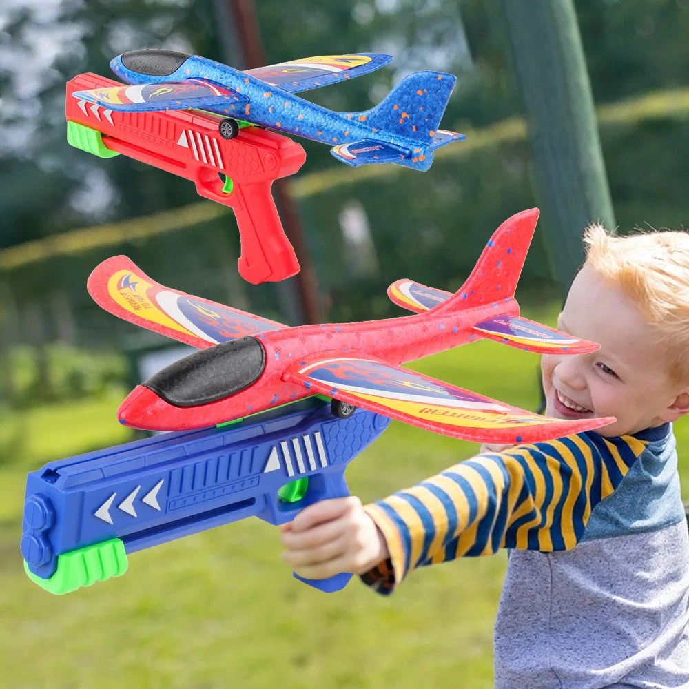 Kids Toys Foam Plane 10M Launcher Catapult Airplane Gun Toy Children Outdoor Game Bubble Model Shooting Fly Roundabout Toys