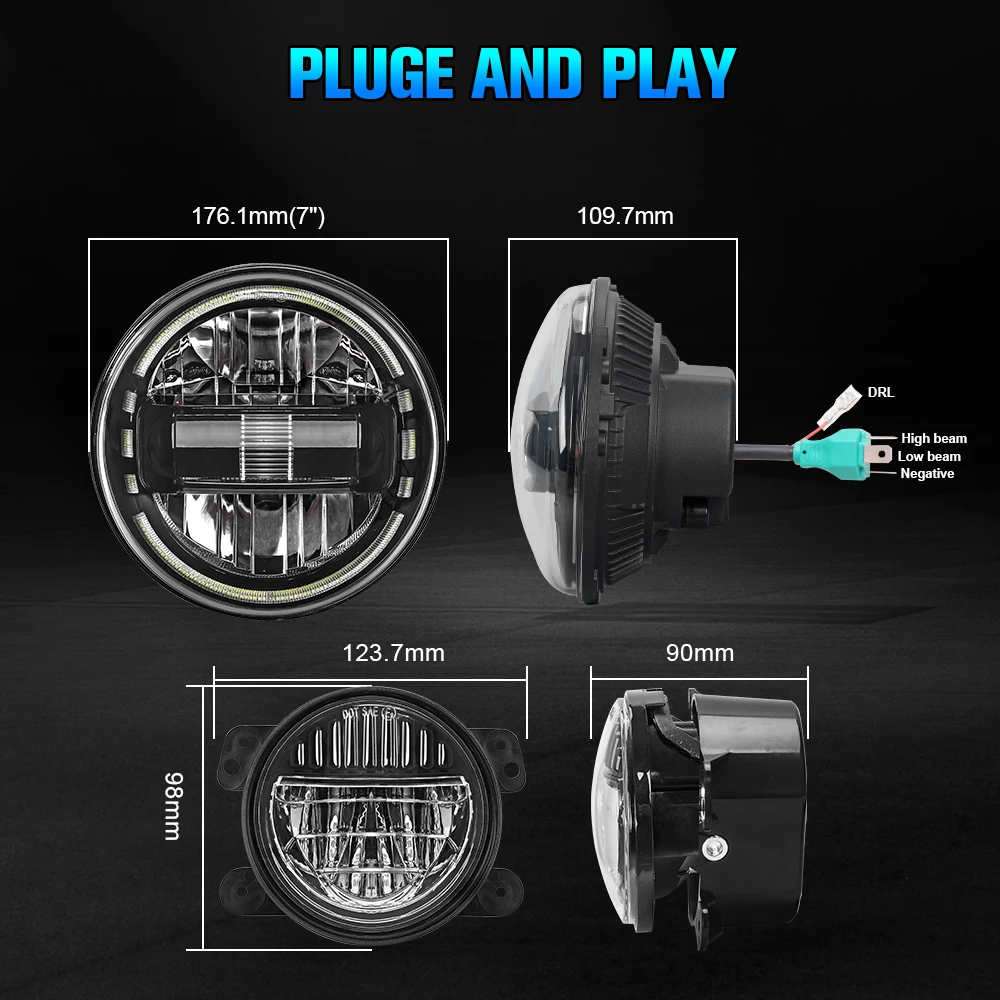 7 Inch LED Headlights Assembly with Hole DRL High Low Beam&4 Inch Fog Light Set For Jeep Wrangler JK 2007-2018 LJ CJ TJ 97-18
