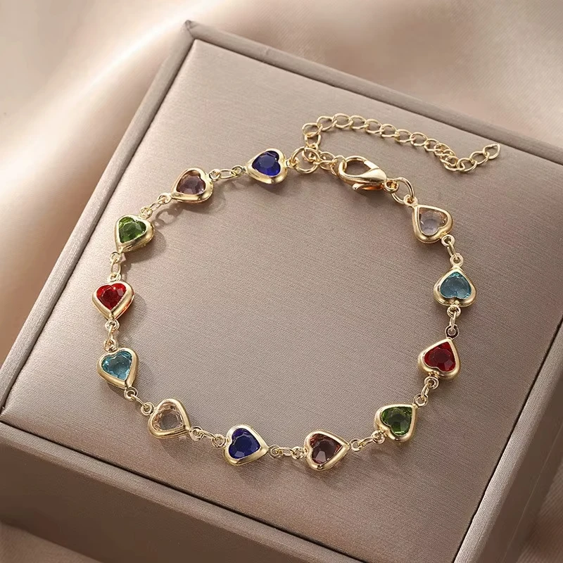 FTCY Summer Vintage Heart Shape Crystal Bracelet For Women Gold Color Chain Birthday Party Jewelry Gift For Women Girl