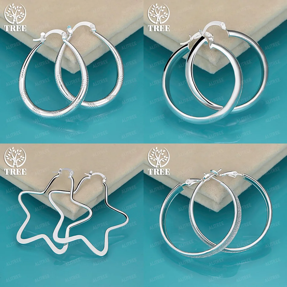 

Fashion 925 Sterling Silver 52mm Star Hoop Earrings Womens Cute Jewelry Charm Wedding Birthday Party Holiday Gift Accessories
