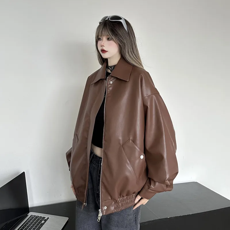 VOLALO New Autumn American Women Coat Women\'s Retro Brown Leather Jacket 2024 Jackets Clothing Winter