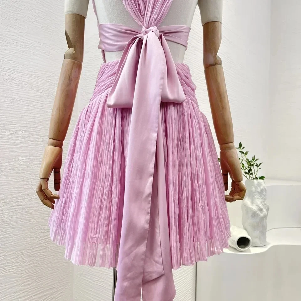 New Arrival Pink Ruched Pleat Backless Cross Self Bow Tie Pleats V-neck Sexy Sleeveless Women Sweet Mini Dress