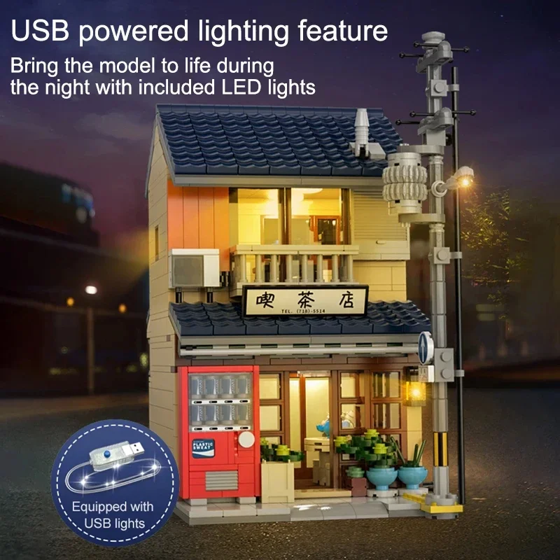 1200 pçs japonês casa de chá blocos de construção cidade vista rua modelo tijolos conjunto com luz idéia decoração desktop crianças brinquedos diy