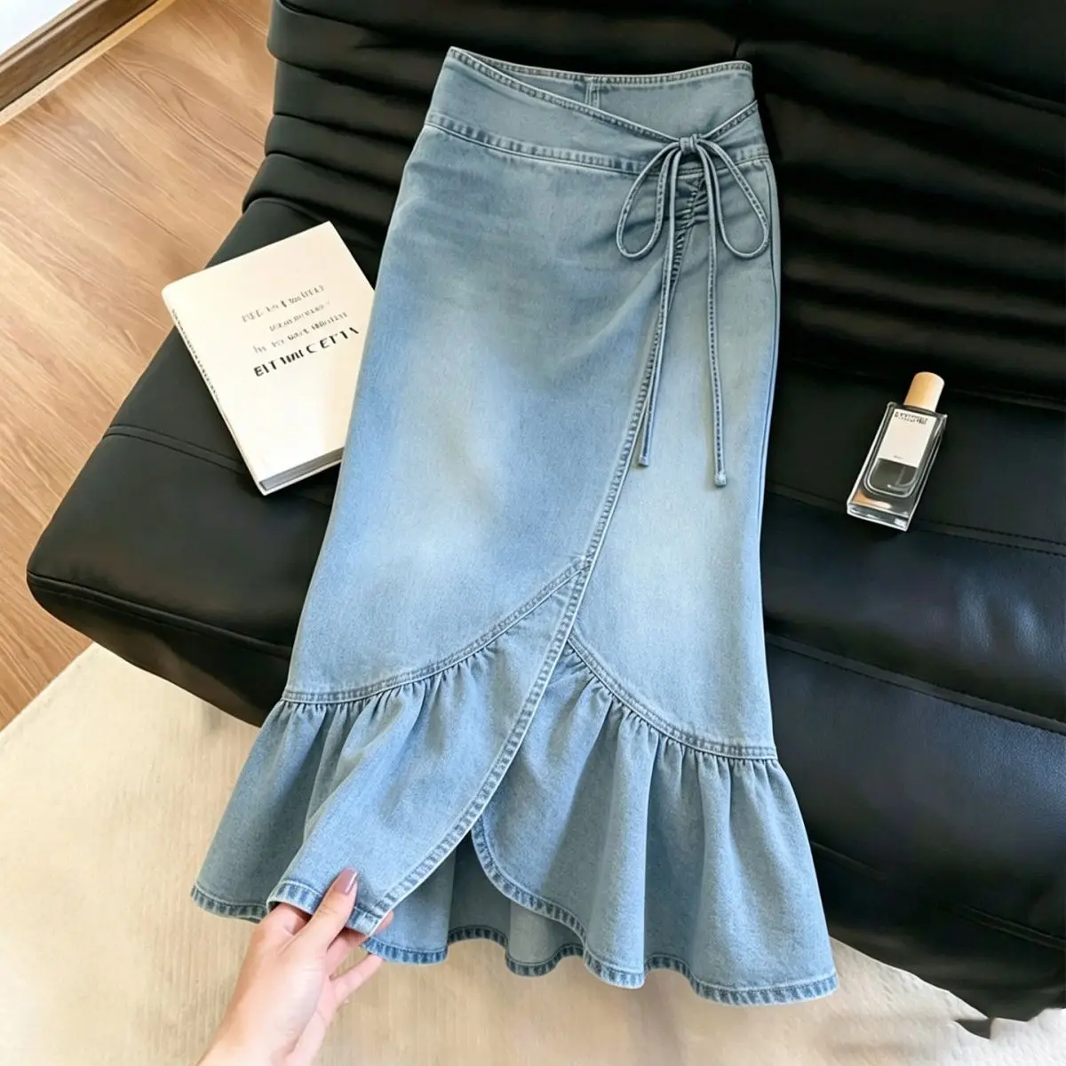 Light Blue Ruffle Leaf Edge Strap Denim Skirt Women New High-waisted Medium and Long Skirt
