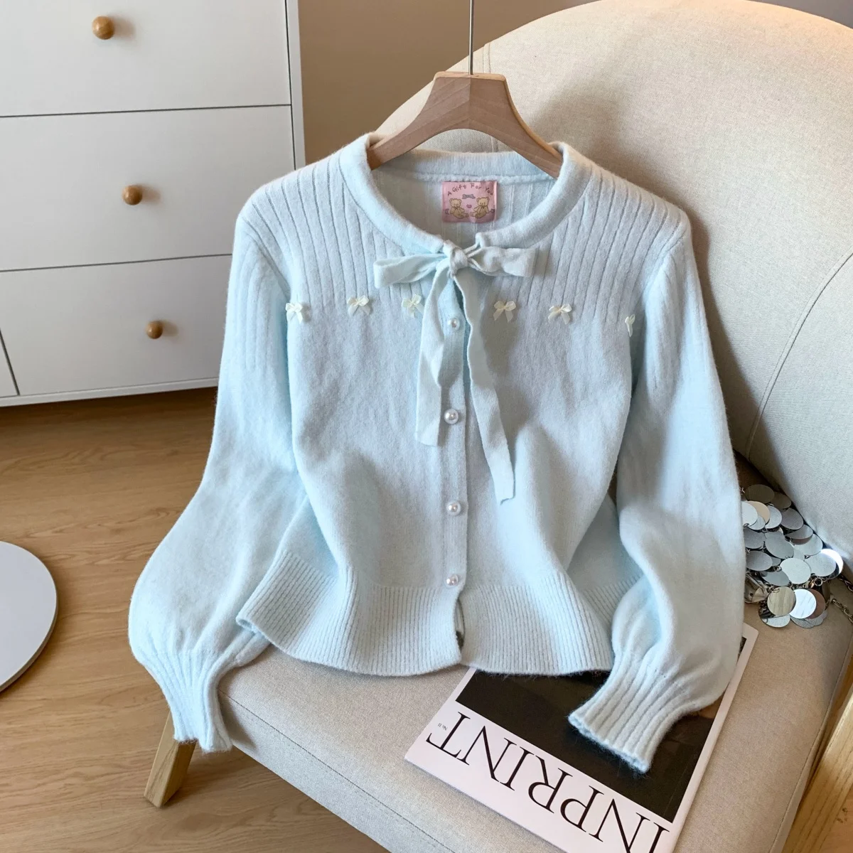 

Sweet Loose Knitted Open Cardigan for Women in Blue with Knot Autumn Winter New Sle Faionable Anti-Aging Top