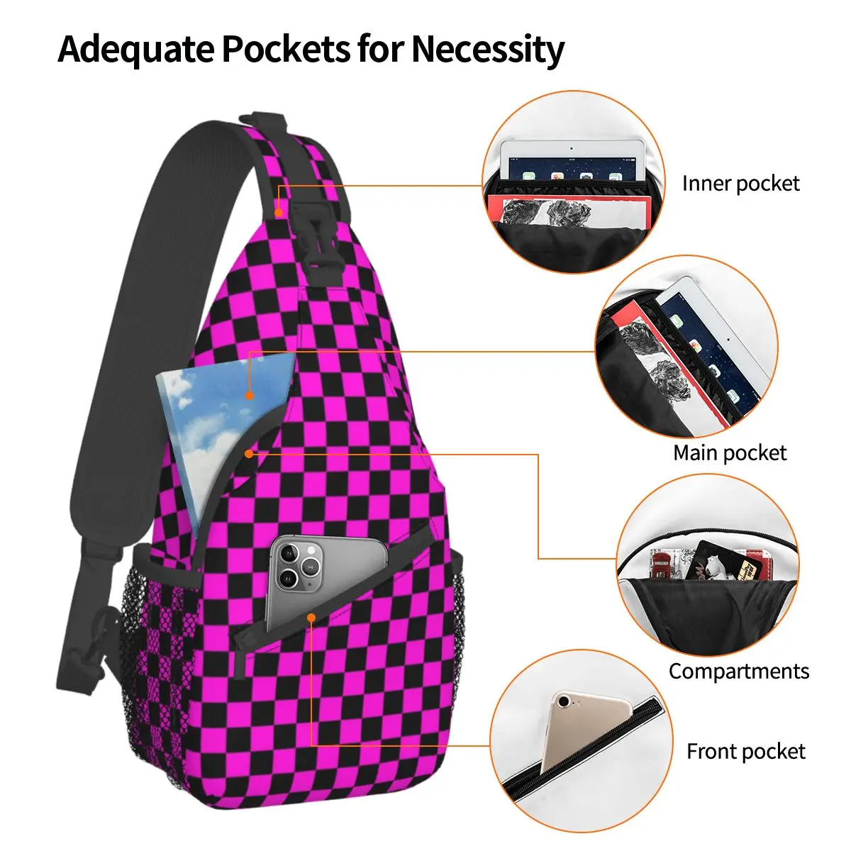 Pink Checkered Pattern Sling Bag Chest Crossbody Shoulder Sling Backpack Travel Hiking Daypacks Checkerboard Casual Satchel