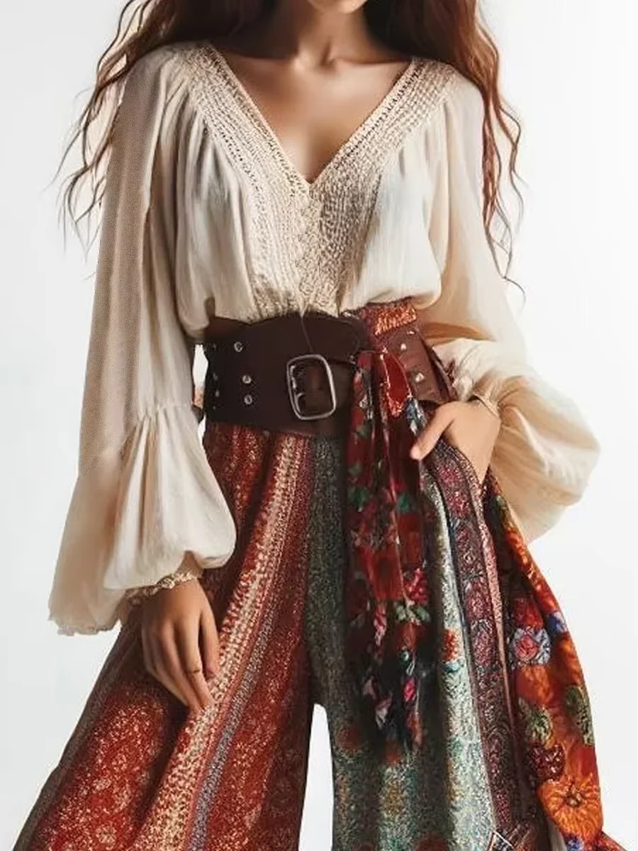 Chic Lantern Sleeves Boho Blouse Solid Color Sexy V Neck Patchwork Ethnic Styles Women Tops Spring Summer Autumn Casual Tops