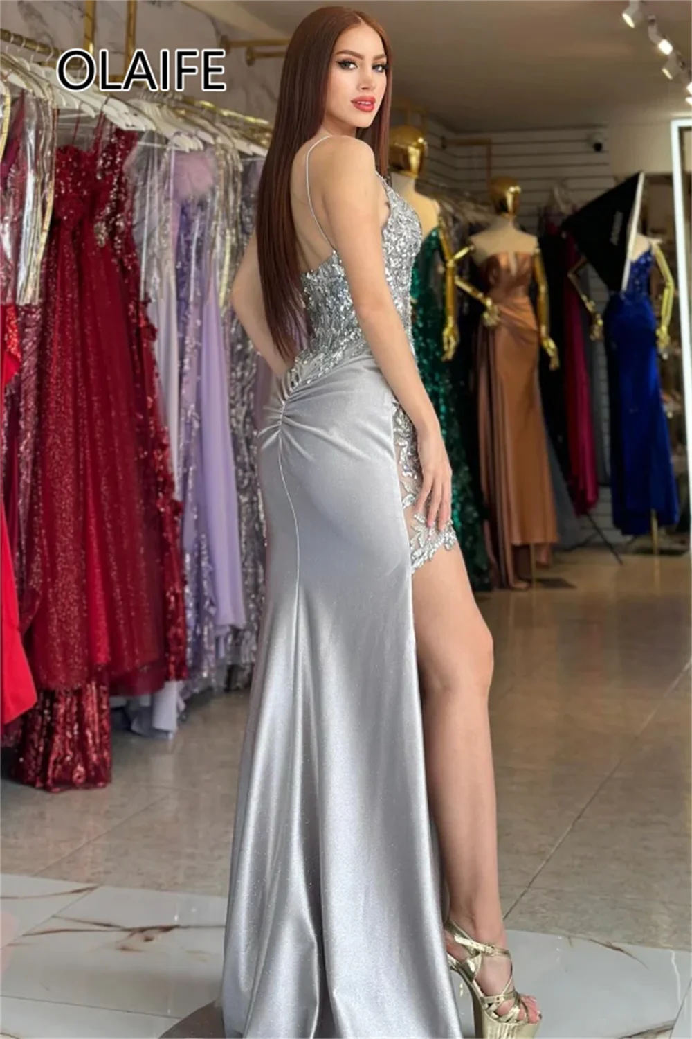Customzied Marvelous V neck Satin Pleated Backless Mermaid Prom Dress with Sequins Appliques Lace Side Split Train Cocktail Gown