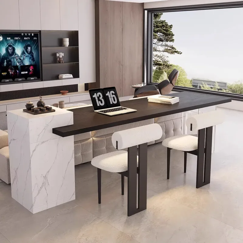 For Italian Style Black Solid Wood Dining Table Minimalist Light Luxury Long Desk Double Table and Chairs Set for Living Room