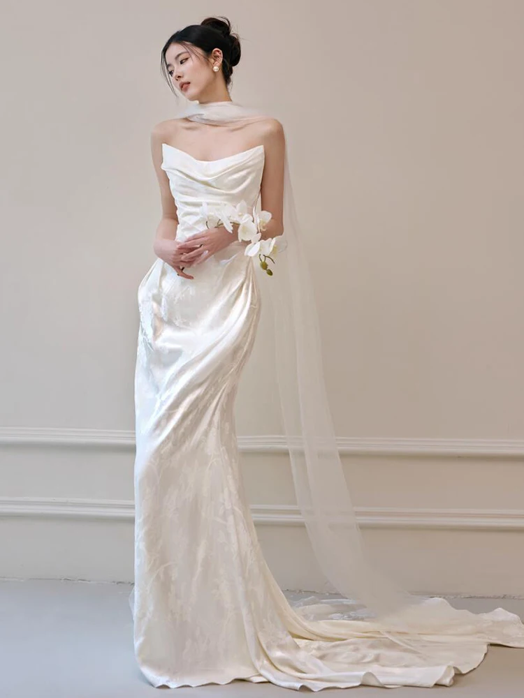 

Белое свадебное платье с шлейфом и вырезом «рыбий хвост» для невесты, утренний халат, легкое роскошное платье для гостей на свадьбу