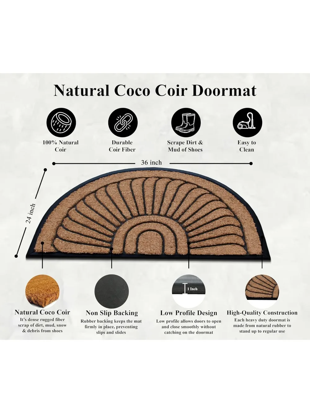 سجادة باب مطاطية من جوز الهند الطبيعي مقاس 24 × 36 شديدة التحمل منخفضة الكومة وسهلة التنظيف ومتينة للمدخل للاستخدام الداخلي في الهواء الطلق