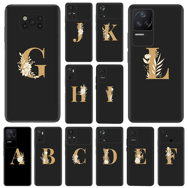 Matte Phone Case for Xiaomi Mi Poco F3 F4 F5 X3 X4 X5 M3 M4 M5 C40 C50 C51 Golden L-K-R Flower Alphabet Letters Black Soft Cover