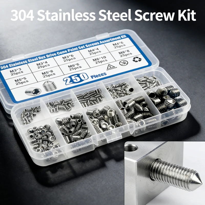 250PCS 304 Stainless Steel DIN916 Set Screw Kit – Hex Socket Cup Point Grub Screws Assortment M2 M3 M4 M5 M6 M8 for Door Handles