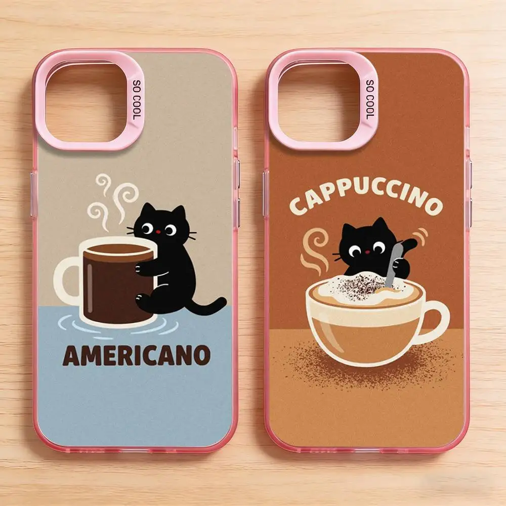 

Coffee Black Cat Cartoon Phone Case for iPhone 17 16 Pro Plus X 15 14 XS Max Air 13 12 Mini Soft Shockproof Cover