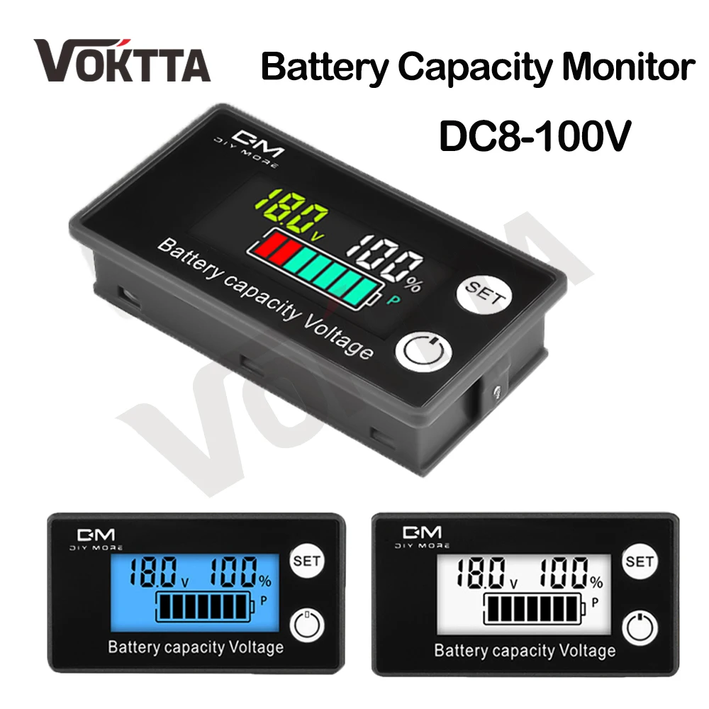 Battery Capacity Indicator DC 8V-100V Lead Acid Lithium LiFe PO4 Car Motorcycle Voltmeter Voltage Gauge 12V 24V 48V 72V