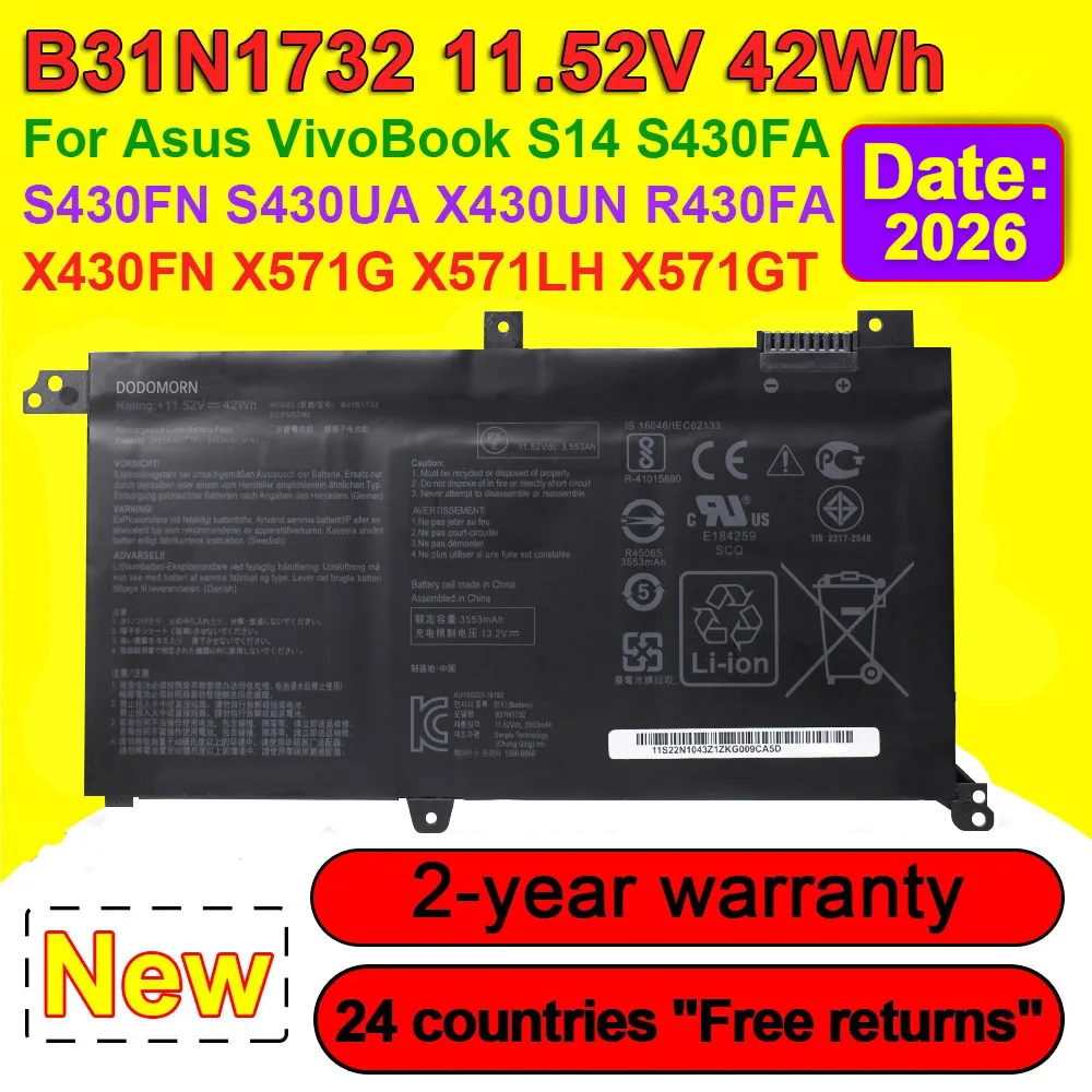 Batería para portátil ASUS VivoBook, 11,52 V, 42WH, B31N1732, X430FN, X430UA, X430UF, X430UN, X430FA, X571G, X571LH, X571GT, envío rápido