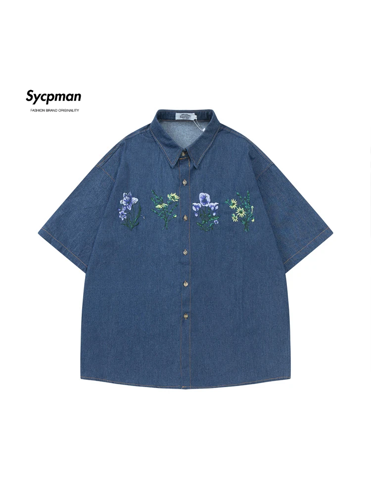 Sycpman Retro Plant Flower Embroidery Denim Short Sleeved Shirts for Men Summer Women Loose Casual Shirt