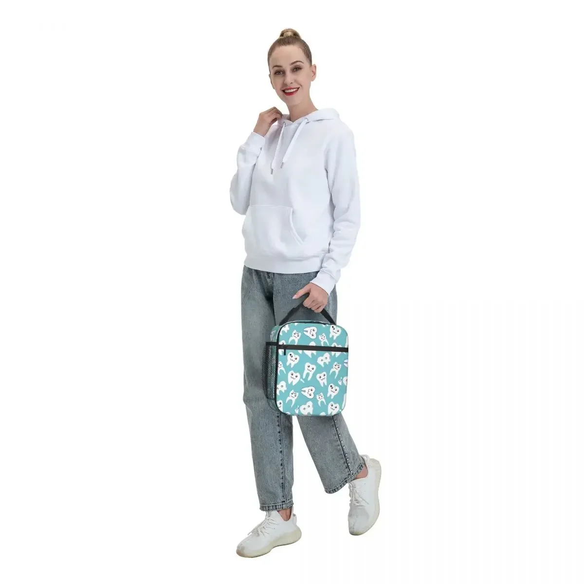 Funny Dental White Tooth Pattern Insulated Lunch Bags Dentist Teeth Portable Thermal Cooler Food Lunch Box Kids School Children view 6