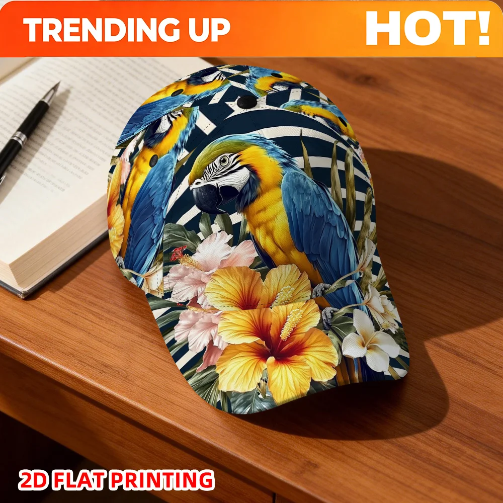 Customization Classic Baseball Cap Featuring A Tropical Parrot And Floral Design, Made From Lightweight Polyester With A Duckbil