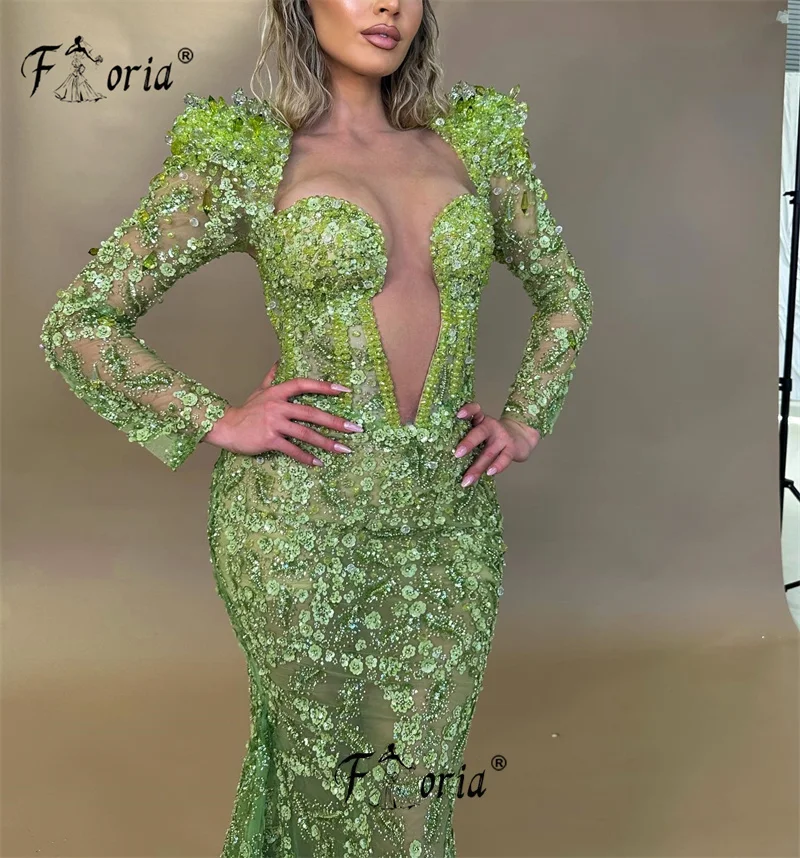 Groene Bloem Appliques Kant Zeemeermin Avondjurk Lange Mouwen Kralen Prom Jurken Trouwjurken Custom Made Robe De Soire