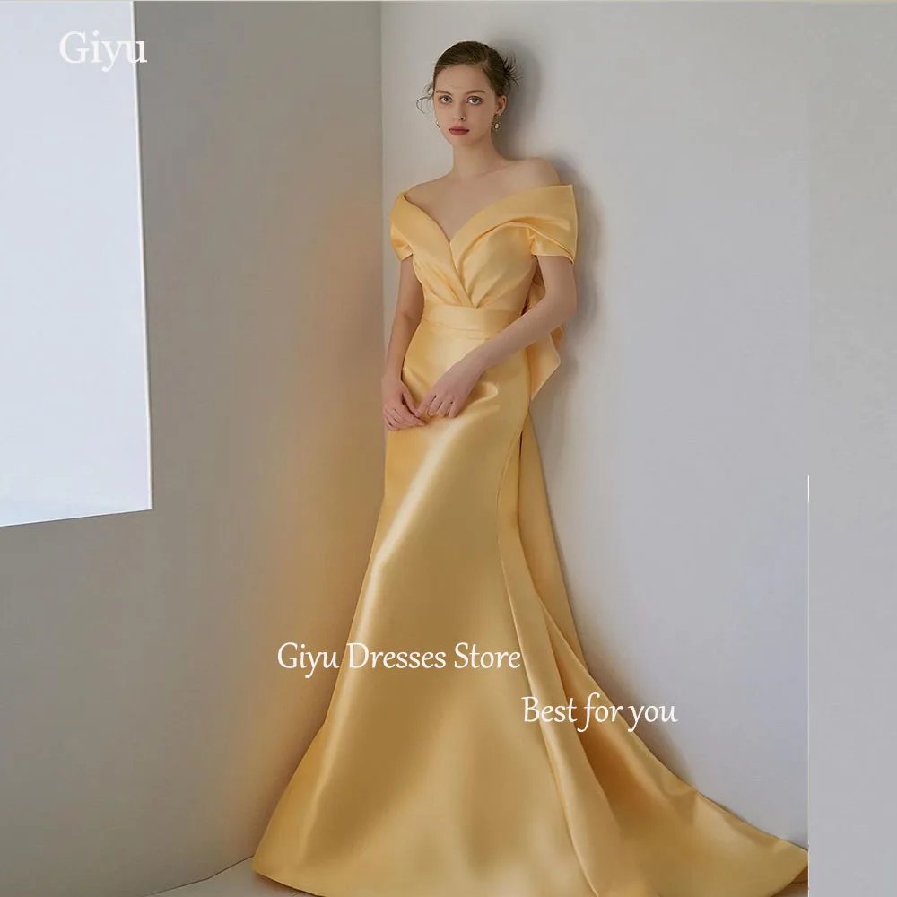 

Giyu Elegant Satin Wedding Dresses Off the Shoulder Mermaid Sweep Train Bridal Gown Sweep Train Simple Photo Shoot Dresses