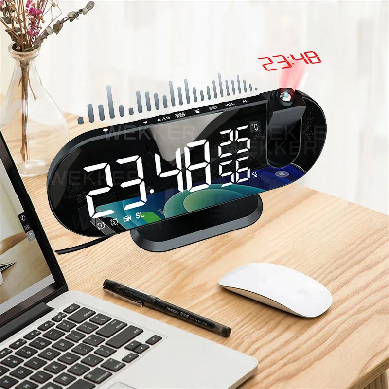 FM Radio LED Digital Smart Alarm Clock Watch Table Electronic Desktop Clocks USB Wake Up Clock with 180° Time Projector Snooze