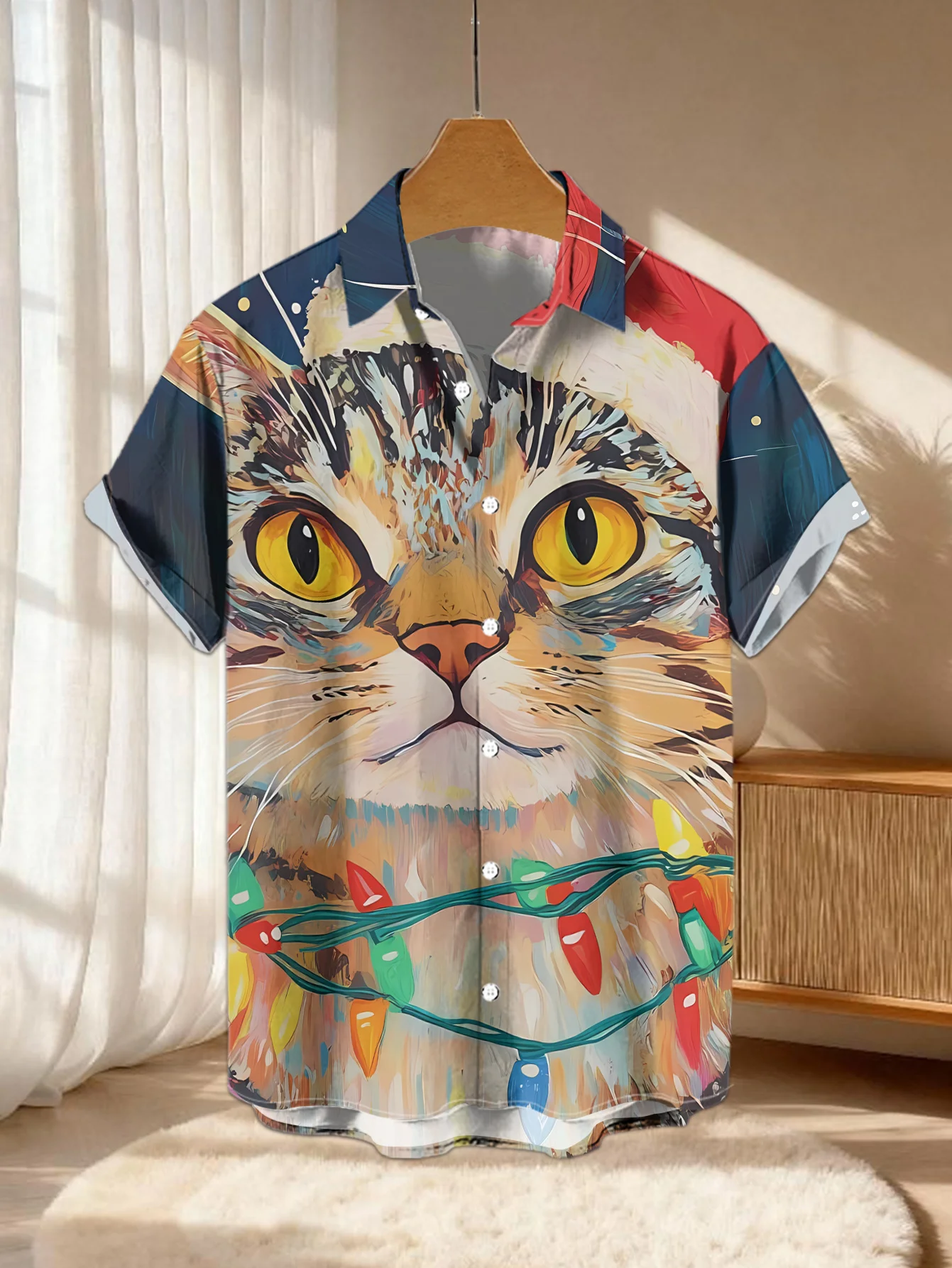 Men Short Sleeve Shirt Christmas Cat Color Light Print Lapel Casual Holiday Party Button Down Tops Men's Clothing