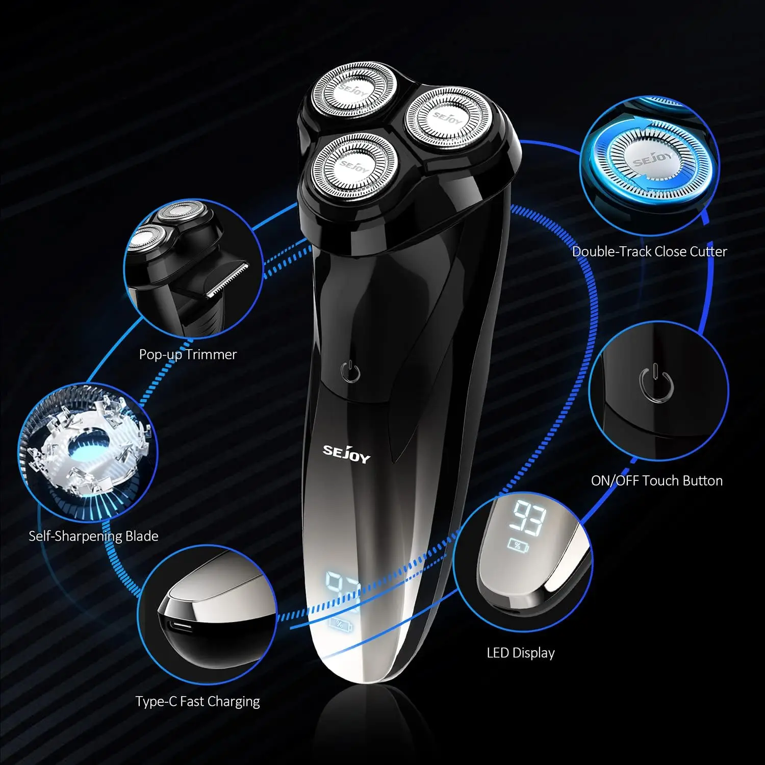 Sejoy Electric Shavers for Men Rechargeable Wet & Dry Electric Shaver with Pop-Up Trimmer - 3D Floating Cutter Head image 2