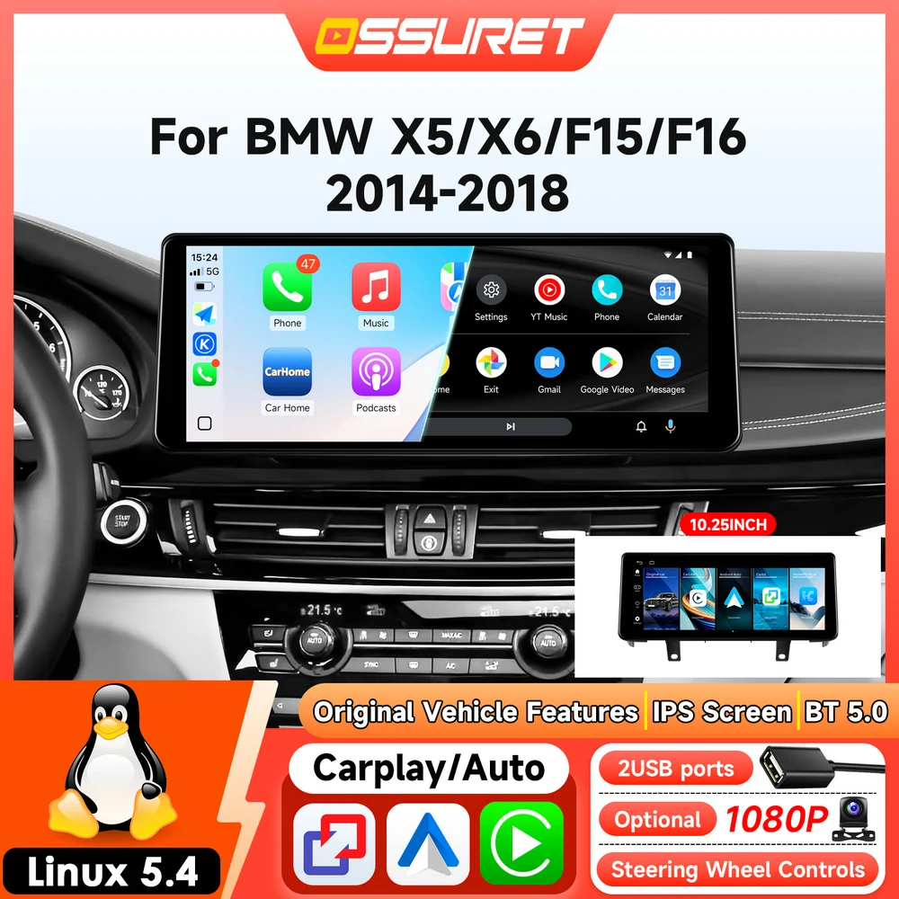 Auto-Radio-Player GPS für BMW X5 F15 X6 F16 2014-2018 Kabelloses Carplay Auto-Multimedia Kabelloses Carplay Android Auto Stereo 1920*720 Bildschirm Autoradio 4G ROM Linux 5.4