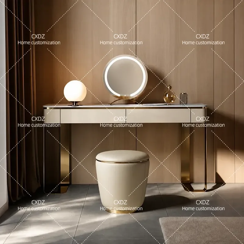 2025 New Solid Wood Makeup Table Dresser for Bedroom Small Apartment Light Luxury Stainless Steel Frame with Rock Slab