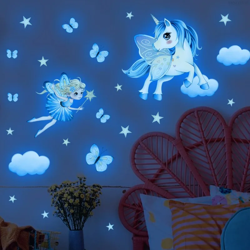 Blue Luminous Unicorn Elf Star Cloud Wall Sticker Fluorescent Fairy Princess Wallpaper Girl Bedroom Unicorn Shines In The Dark
