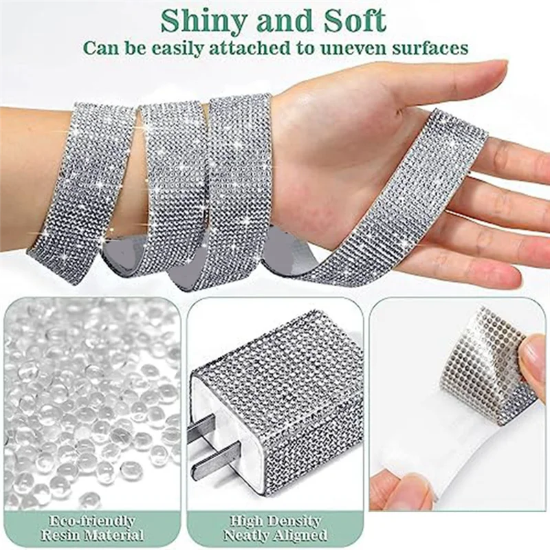 4 Rolls Self Adhesive Rhinestone Strips, Rhinestone Ribbon Rhinestone Diamond Ribbon for Crafts, DIY Rhinestone