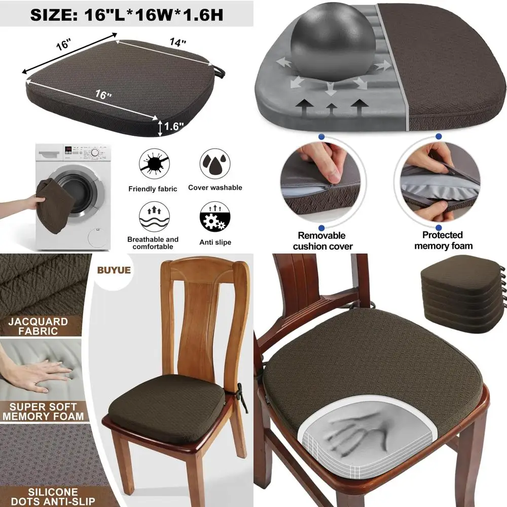 

6-Pack Memory Foam Chair Cushions, 16 Jacquard U-Shape Dining Pads, Removable Non-Slip Kitchen Seat Cushions (Brown)