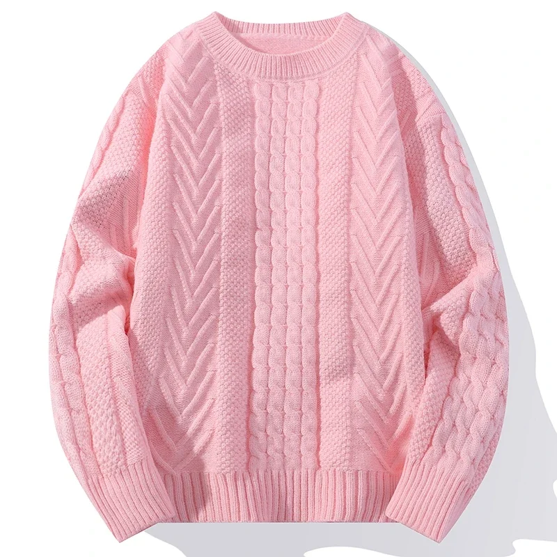 2024 Autumn Winter Knitted Men\'s Casual Sweater High Quality Round Neck Twists Weaving Pink Pullover Men Fashion Warm Sweater