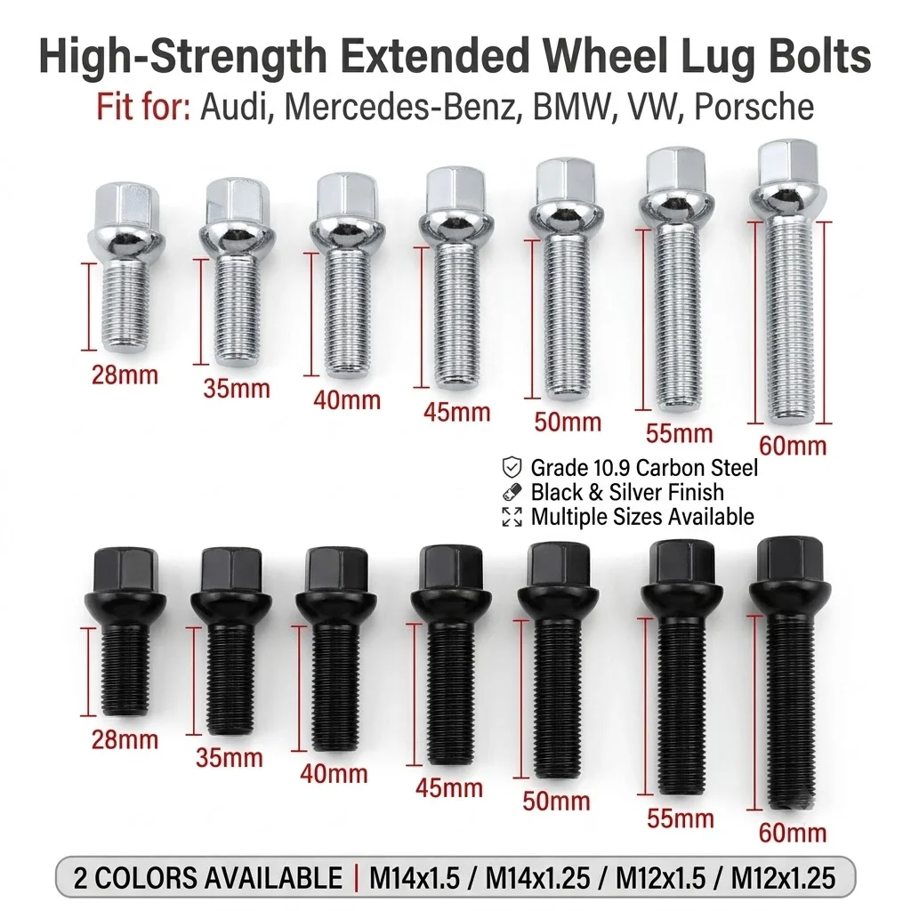 5/ 10 PCS M14x1.5 Extended Wheel Bolts 28 35 40 45 50 55 60mm Shank for Mercedes Audi VW Ball Seat Grade 10.9 Steel Lug Bolts