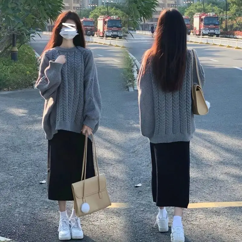 Women Autumn Winter Loose Sweater Knit Skirts 1 or 2 Piece Set 2023 Korean Lady Casual Daily Simple Pure Color Tops Skirts Suits