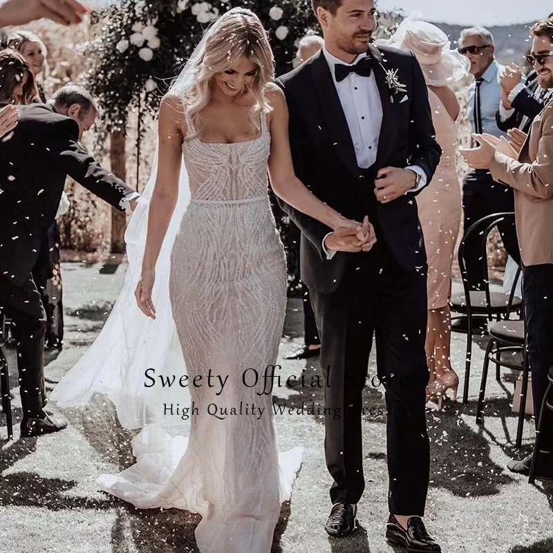 Glitter Mermaid Weddingdress ปักลูกไม้สุทธิลูกปัดเจ้าสาวสแควร์คอแขนกุด Backless ที่กําหนดเอง Vestido De Novia